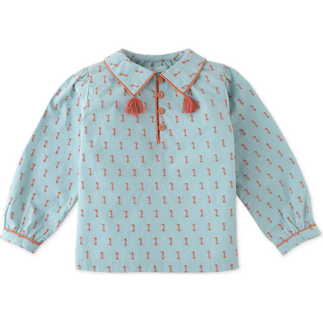 Baby Girls Dotted Cotton Dobby Blouse With Tassel On Collar & Velvet Quilted Cloche Hat, Blue - Blouses - 2