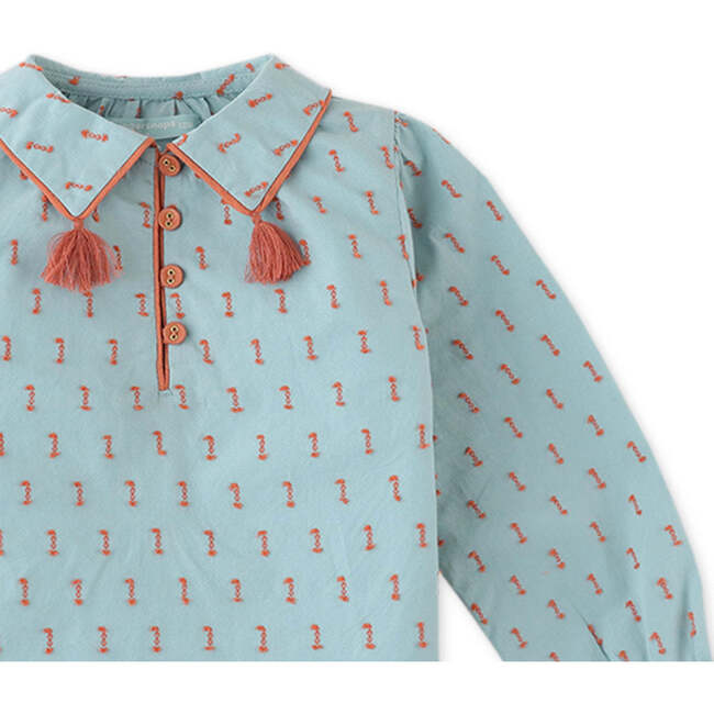 Baby Girls Dotted Cotton Dobby Blouse With Tassel On Collar & Velvet Quilted Cloche Hat, Blue - Blouses - 4