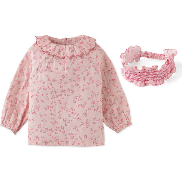 Baby  Girls Ditsy Floral Printed Long Sleeves Blouse With Embroidered Collar & Smocked Turban, Pink