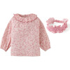 Baby  Girls Ditsy Floral Printed Long Sleeves Blouse With Embroidered Collar & Smocked Turban, Pink - Blouses - 1 - thumbnail