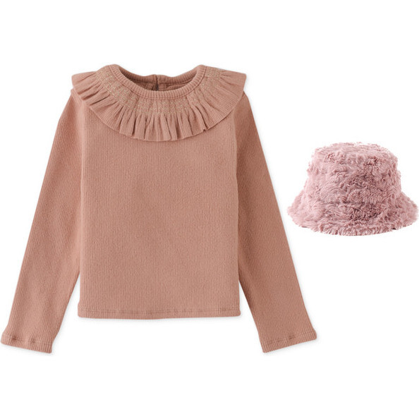 Baby  Girls Long Sleeves Ribbed Tee With Smocking On Ruffle Collar With Bucket Hat, Pink - Blouses - 1