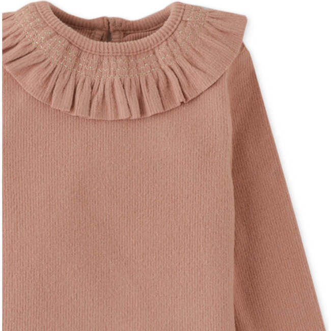 Baby  Girls Long Sleeves Ribbed Tee With Smocking On Ruffle Collar With Bucket Hat, Pink - Blouses - 4