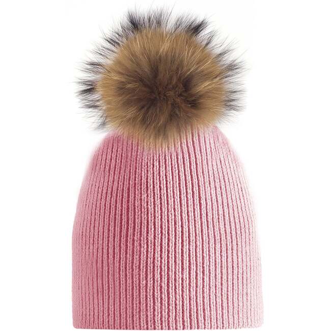 Knitted Wool Baby Hat With Faux Fur Pom, Light Pink