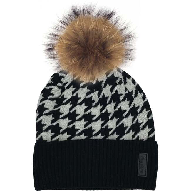 Houndstooth Knit Beanie With Faux Fur Pom, Black