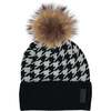 Houndstooth Knit Beanie With Faux Fur Pom, Black - Hats - 1 - thumbnail