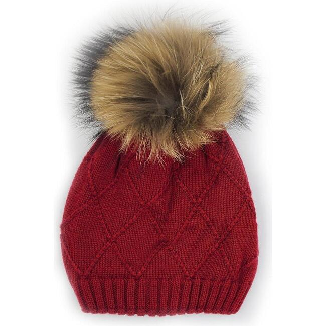 Chunky Knit Wool Hat With Faux Fur Pom, Red