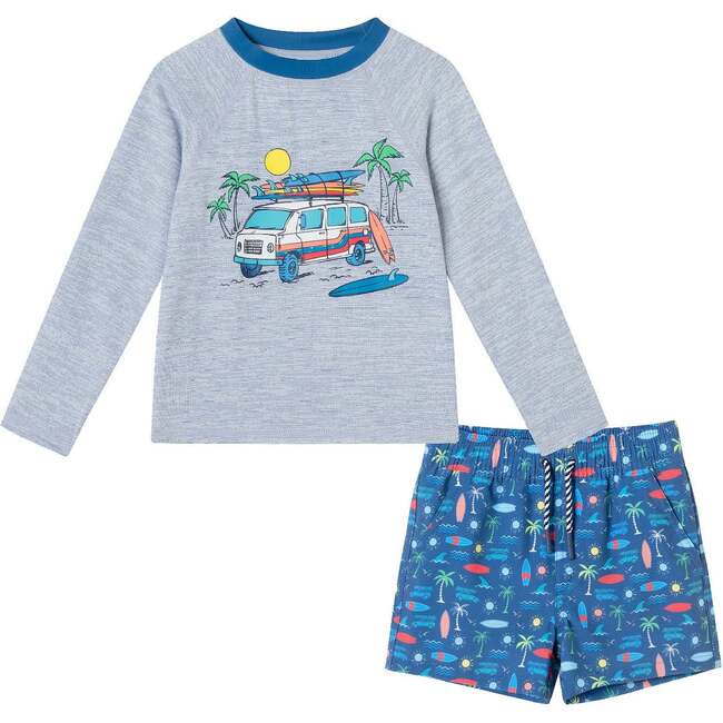 Kids Rashguard & Swim Trunk Set, Surfing Van