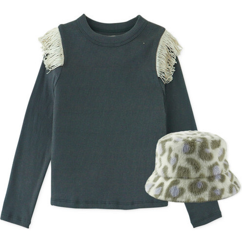 Girls Ribbed Knit Top With Fringe Detail And Leopard Fur Bucket Hat, Black