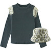 Girls Ribbed Knit Top With Fringe Detail And Leopard Fur Bucket Hat, Black - Blouses - 1 - thumbnail