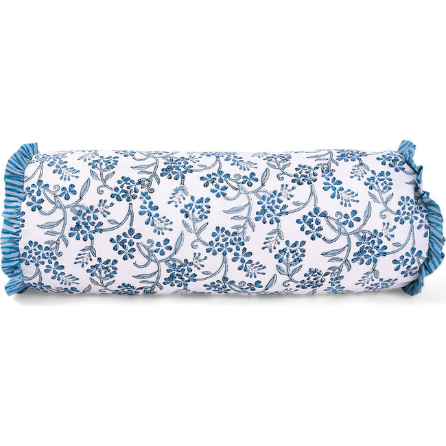 Sanibel Ruffle Bolster Pillow, Blue & White