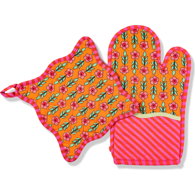Red Pot Holder & Oven Mitt, Red & Orange
