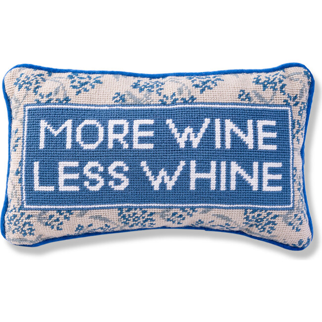 More Wine Needlepoint Pillow, Blue-Grey, Beige