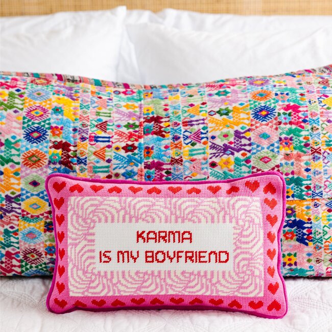 Karma Needlepoint Pillow, Pink, White & Red - Decorative Pillows - 4