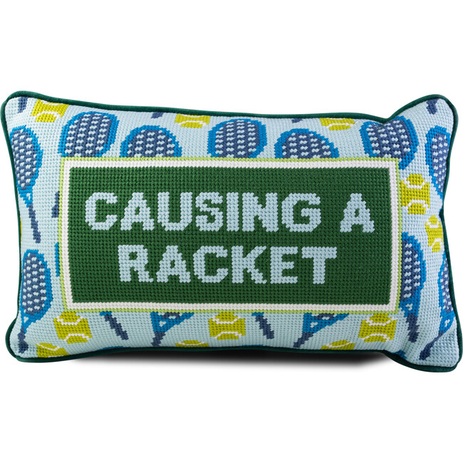 Causing A Racket Needlepoint Pillow, Green, Blue, Yellow Green