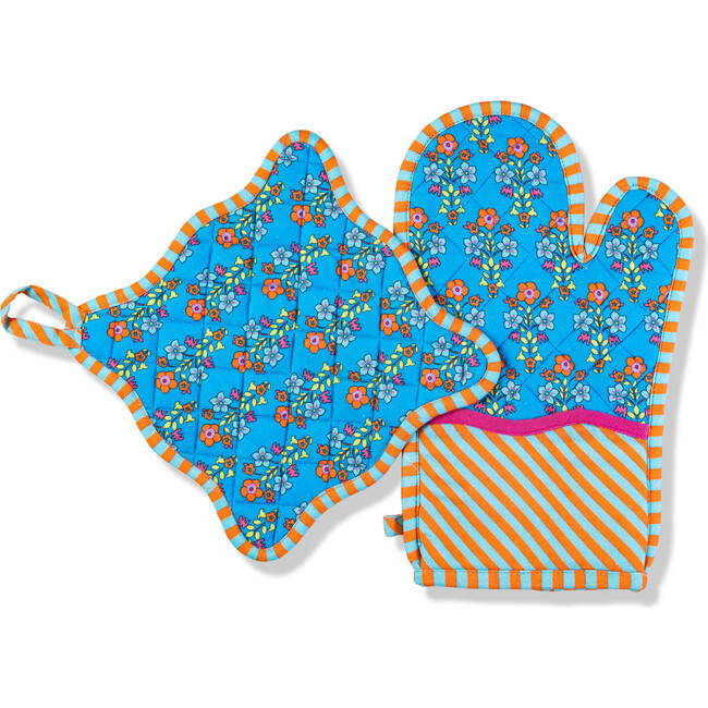 Blue Pot Holder & Oven Mitt, Orange, Sky Blue