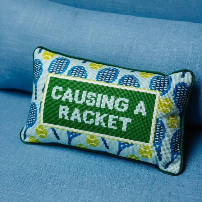 Causing A Racket Needlepoint Pillow, Green, Blue, Yellow Green - Decorative Pillows - 3