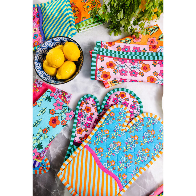 Blue Pot Holder & Oven Mitt, Orange, Sky Blue