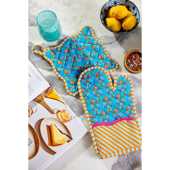 Blue Pot Holder & Oven Mitt, Orange, Sky Blue - Kitchen - 4