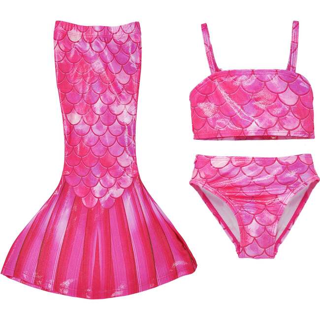 UPF 50+ 3 Piece Mermaid Swim Set,  Pink Splash - Two Pieces - 1