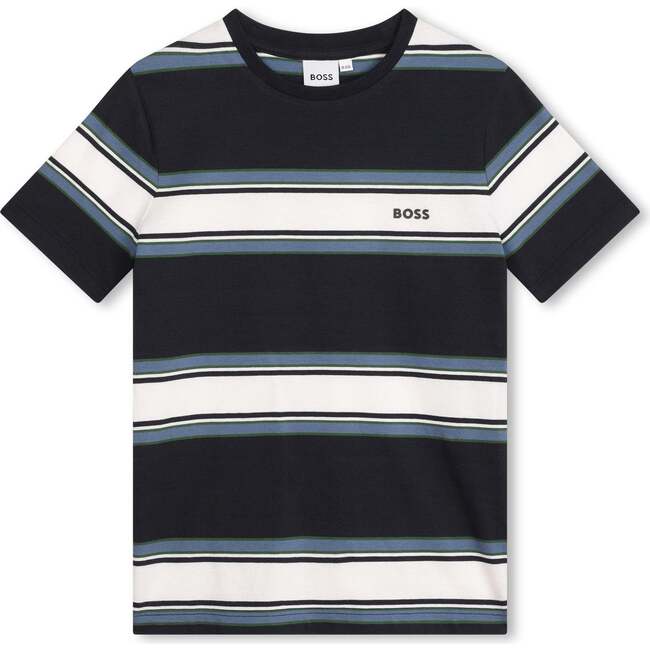 Striped Logo Cotton T-Shirt, Blue