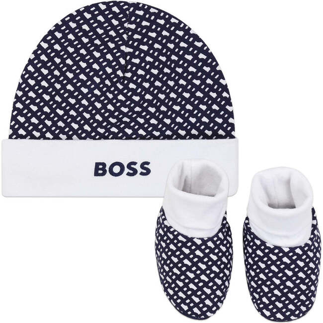 Logo Print Hat & Booties Set, Navy