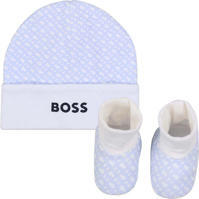 Logo Print Hat & Booties Set, Blue