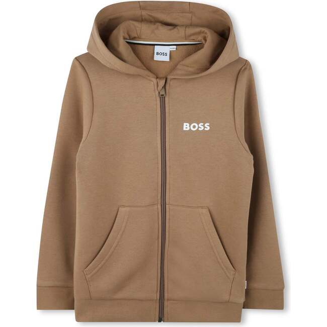 Logo Hooded Zip Up, Beige