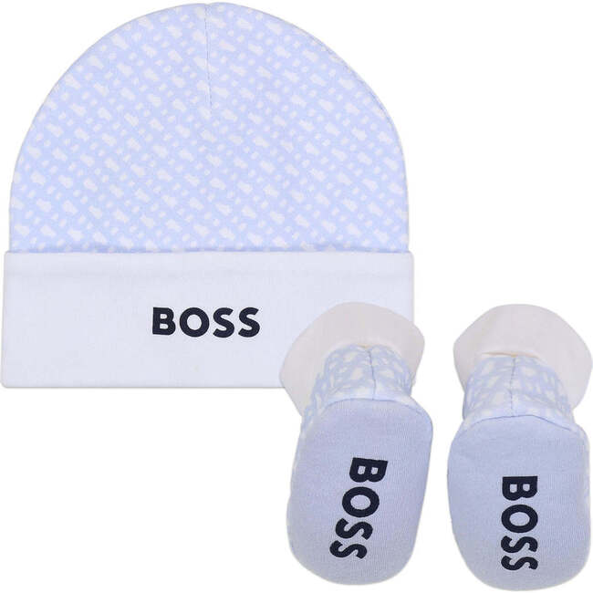 Logo Print Hat & Booties Set, Blue - Mixed Apparel Set - 3