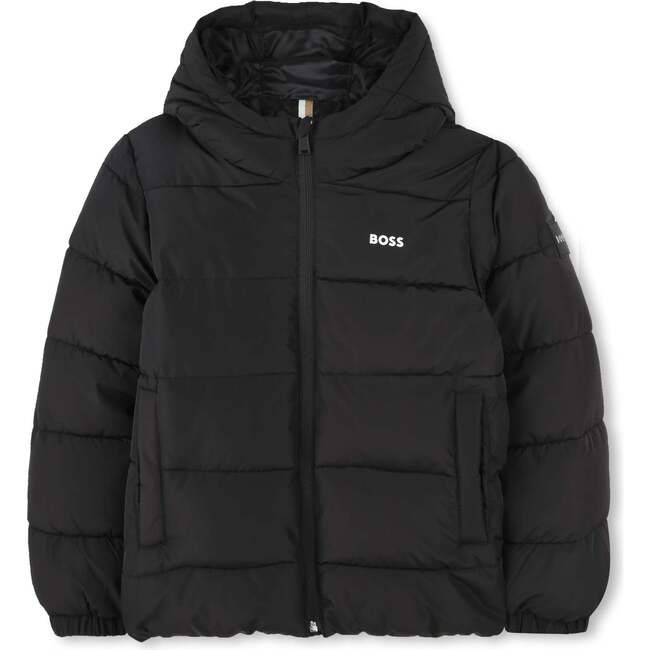 Hooded Logo Puffer Jacket, Black