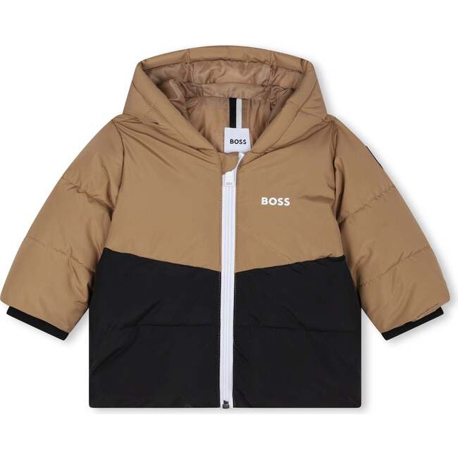 Colorblock Logo Puffer Jacket, Beige