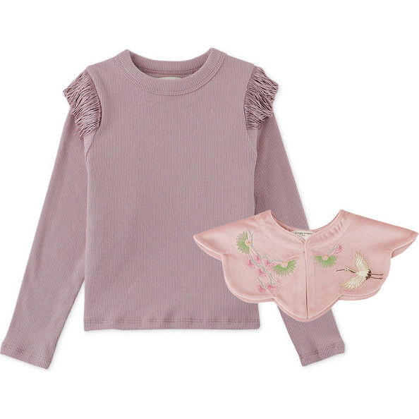 Girls Ribbed Knit Top With Fringe Detail and Standing Collar with Scallop, Pink - Blouses - 1