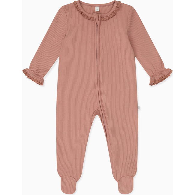 Ribbed Frill Two Way Zip-Up Footie, Pink