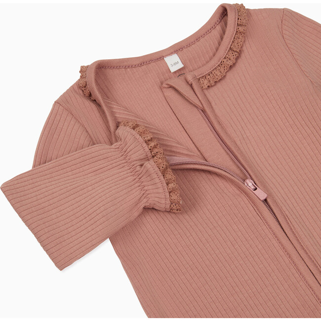 Ribbed Frill Two Way Zip-Up Footie, Pink - Footie Pajamas - 2