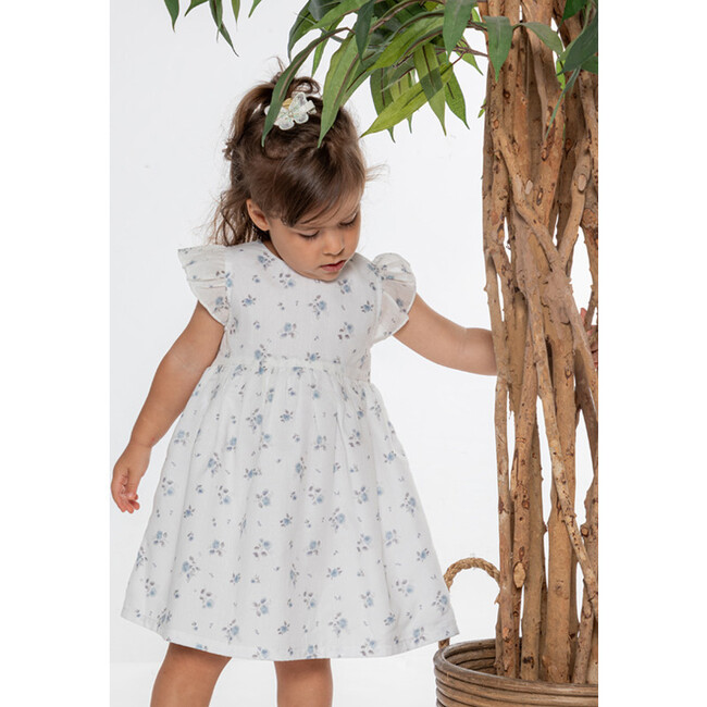 Eugenie Girl Dress Sleeveless, White Flowery Blue - Dresses - 3