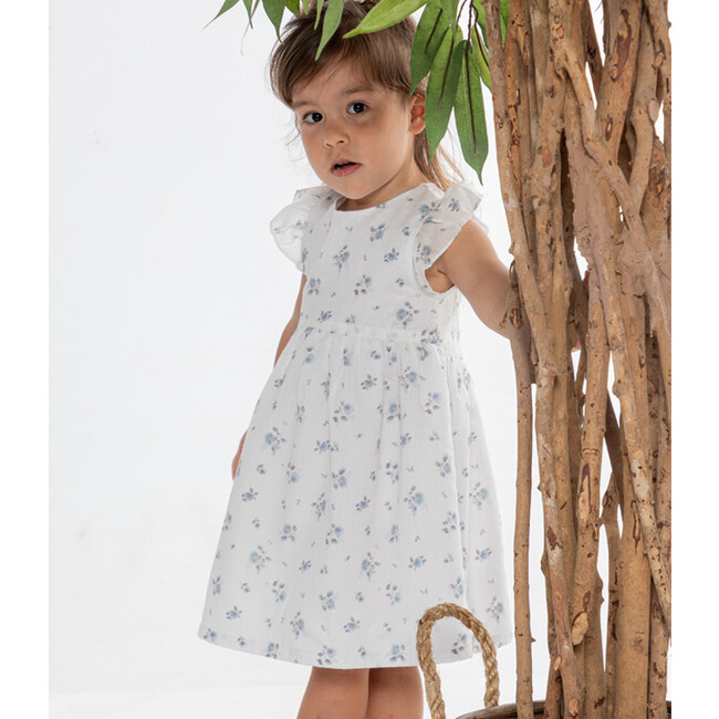 Eugenie Girl Dress Sleeveless, White Flowery Blue - Dresses - 4