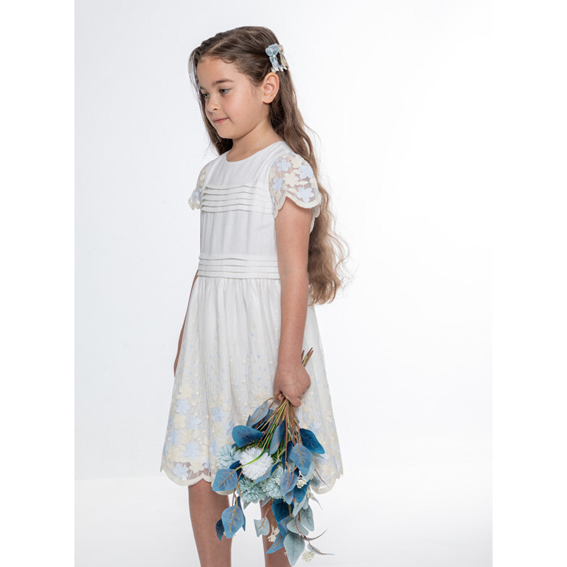 EniSSa Girl Dress Short Sleeve, Off White Tulle Embroidered - Dresses - 1