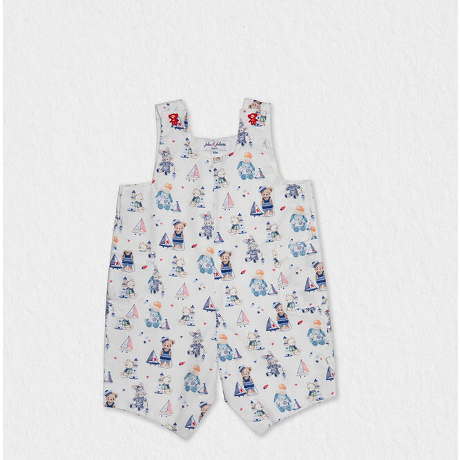 Damien Baby Dungaree Cotton, Blue Red Bear - Rompers - 1