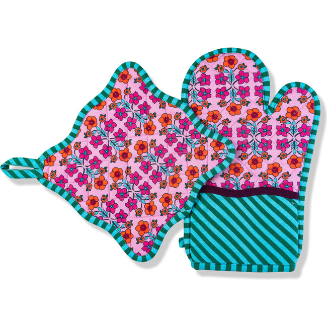 Light Pink Pot Holder & Oven Mitt, Green, Pink