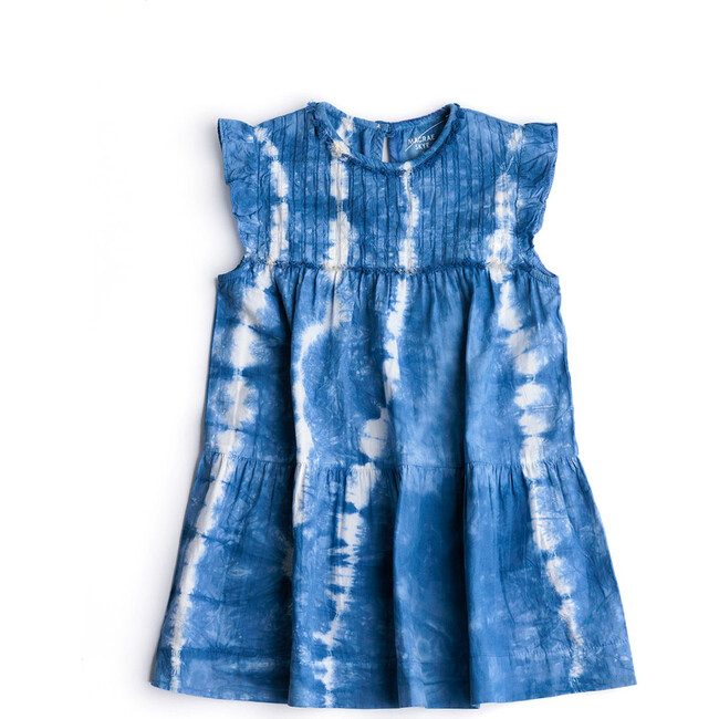 Pixie Pleated Yoke Flutter Sleeve Button Back Closure Dress, Shibori