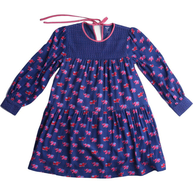 Pixie Elephant Print Viscose-Rayon Slub Crepe Long Sleeve Dress, Navy Elephant