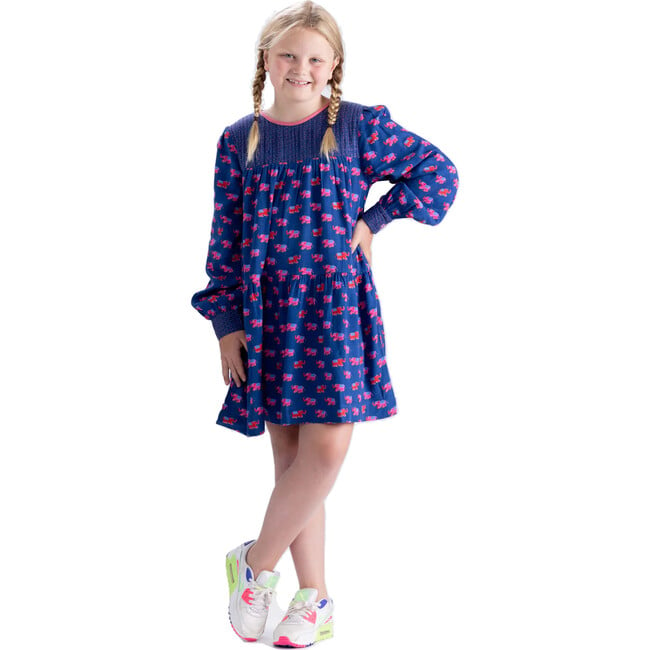 Pixie Elephant Print Viscose-Rayon Slub Crepe Long Sleeve Dress, Navy Elephant - Dresses - 2