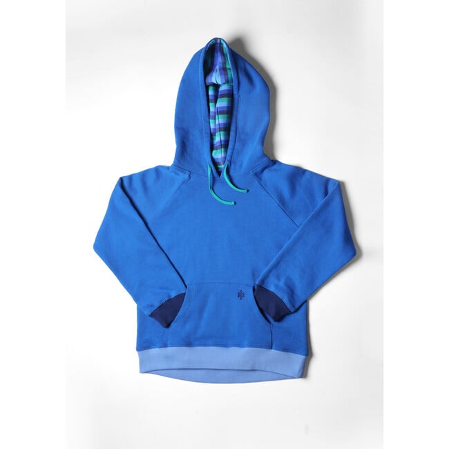 Poppy Rib Trim Neck Long Sleeve Kangaroo Pocket Hooded Sweatshirt, Victoria Blue