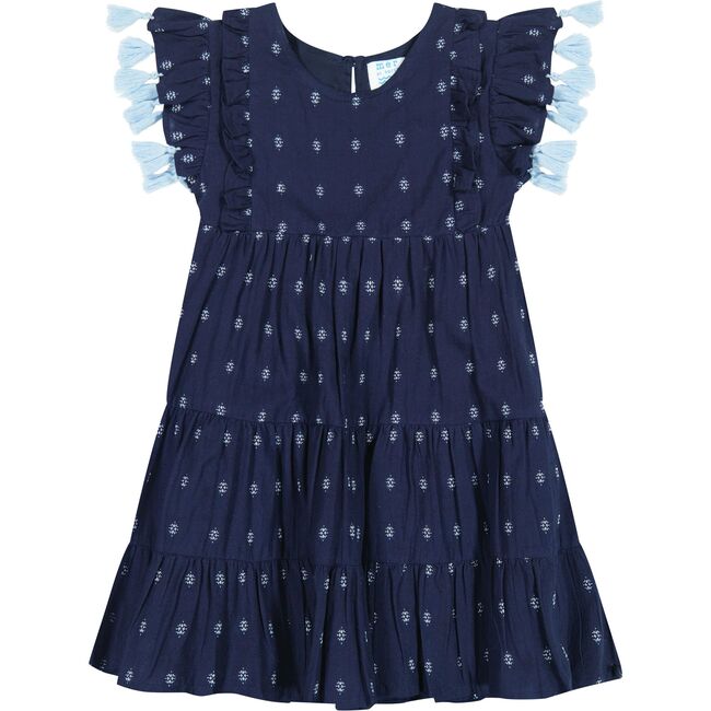 Sophie Girl's Tassel Dress Navy Turquoise Swiss Dot, Turquoise