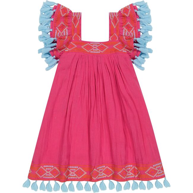 Serena Girl's Tassel Dress Raspberry Embroidery, Pink