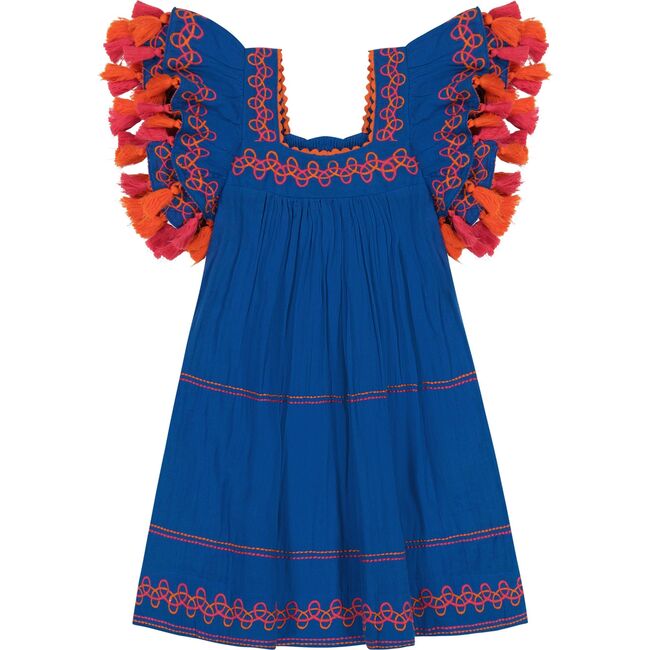 Serena Girl's Tassel Dress Classic Blue Embroidery, Blue