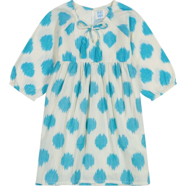 Sara Girl's Popover Dress Cream Aqua Ikat, Blue