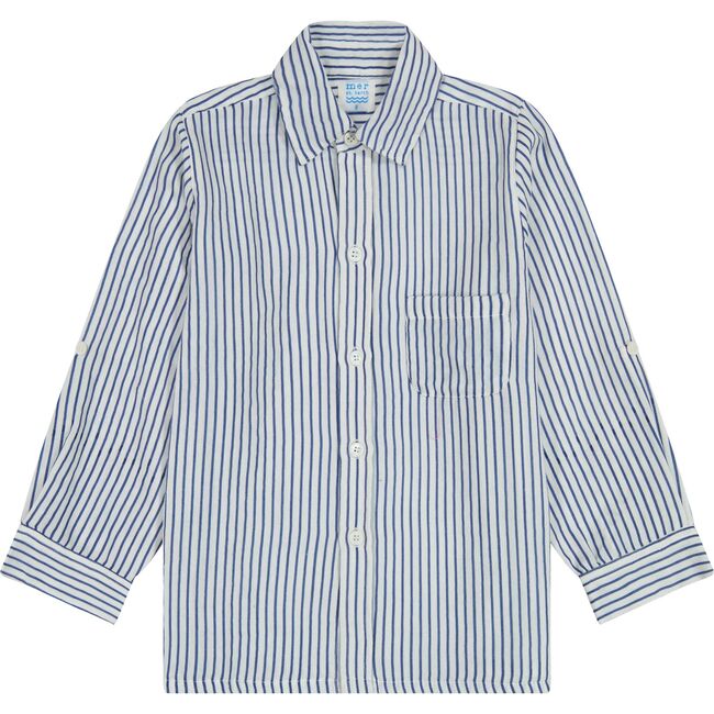 Remi Boy's Button Front Shirt Marine Stripe, Blue