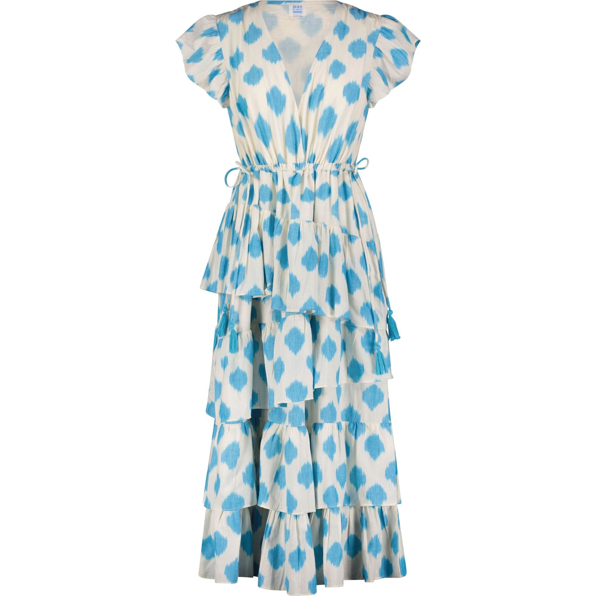 Mica Women's Tiered Maxi Dress Cream Aqua Ikat, Blue - Dresses - 1