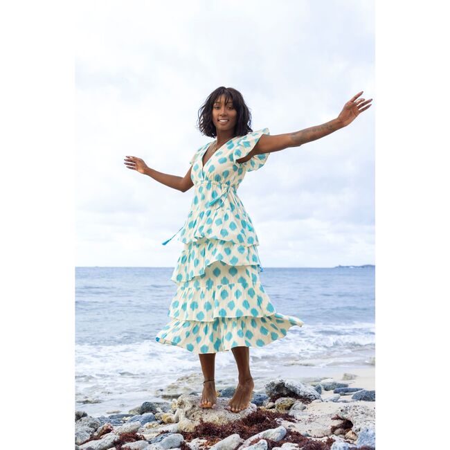Mica Women's Tiered Maxi Dress Cream Aqua Ikat, Blue - Dresses - 2