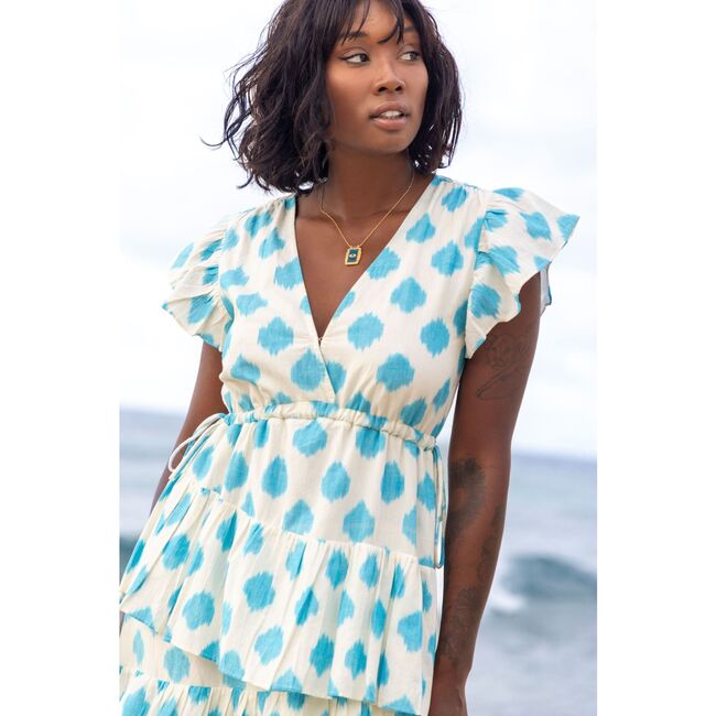 Mica Women's Tiered Maxi Dress Cream Aqua Ikat, Blue - Dresses - 3